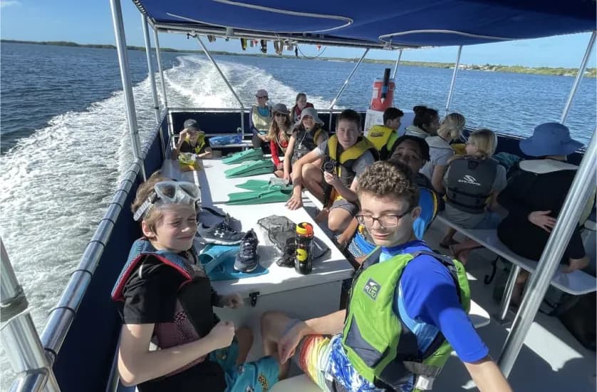 Grade 7 students on a boat in the Florida Keys
